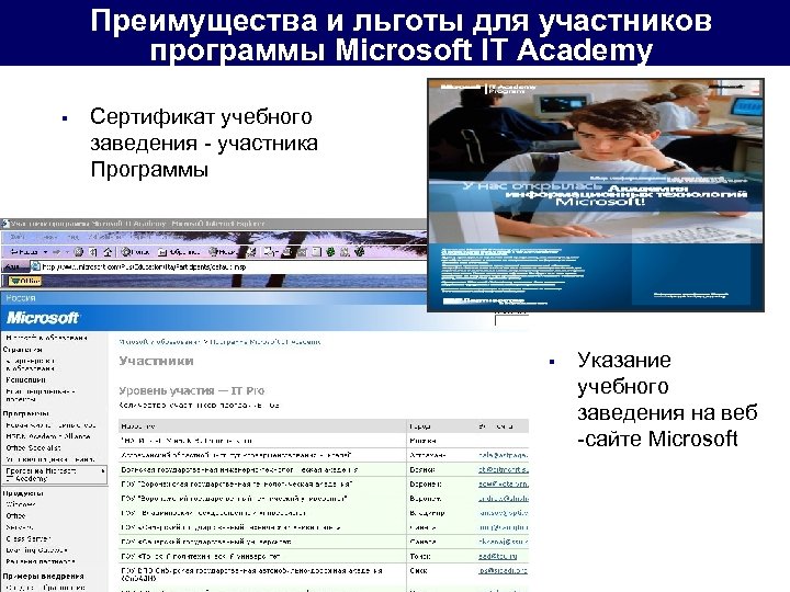 Преимущества и льготы для участников программы Microsoft IT Academy § Сертификат учебного заведения -