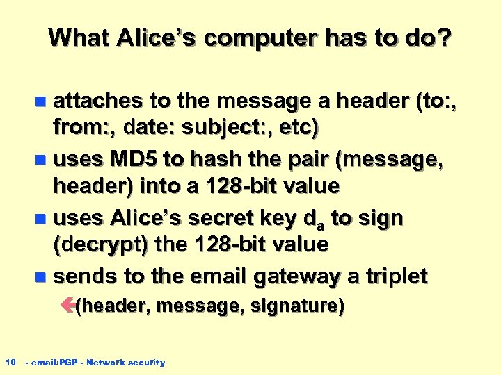 What Alice’s computer has to do? attaches to the message a header (to: ,