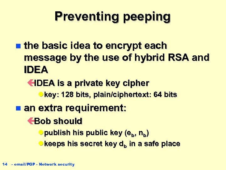 Preventing peeping n the basic idea to encrypt each message by the use of