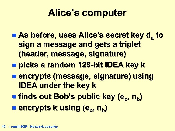 Alice’s computer As before, uses Alice’s secret key da to sign a message and