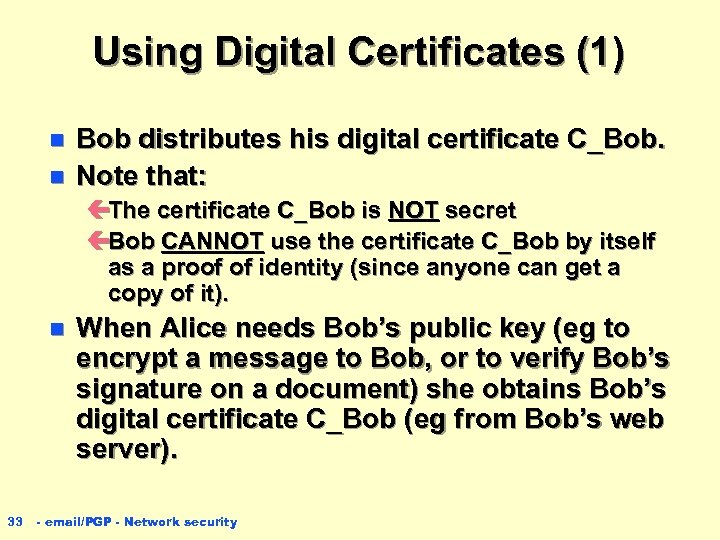 Using Digital Certificates (1) n n Bob distributes his digital certificate C_Bob. Note that: