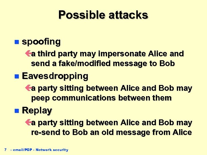 Possible attacks n spoofing ç third party may impersonate Alice and a send a