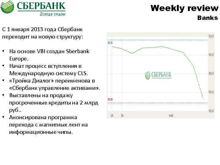 Weekly review Banks С 1 января 2013 года Сбербанк переходит на новую структуру: •