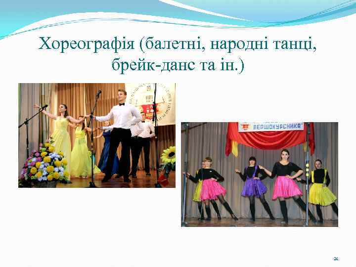 Хореографія (балетні, народні танці, брейк-данс та ін. ) 21 