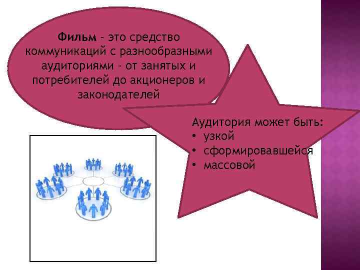 Фильм - это средство коммуникаций с разнообразными аудиториями - от занятых и потребителей до