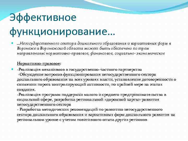 Эффективное функционирование… …Негосударственного сектора дошкольного образования и вариативных форм в Воронеже и Воронежской области