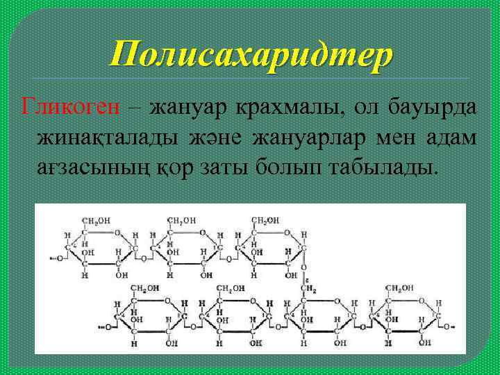 Полисахаридтер Гликоген – жануар крахмалы, ол бауырда жинақталады және жануарлар мен адам ағзасының қор