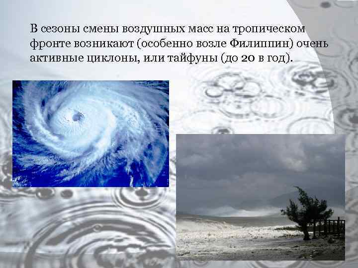 В сезоны смены воздушных масс на тропическом фронте возникают (особенно возле Филиппин) очень активные