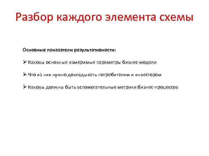 Разбор каждого элемента схемы Основные показатели результативности: Ø Каковы основные измеримые параметры бизнес-модели Ø