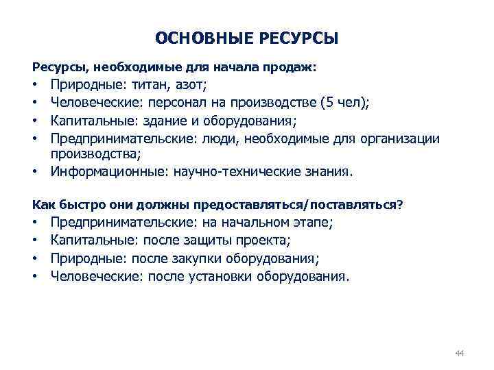 ОСНОВНЫЕ РЕСУРСЫ Ресурсы, необходимые для начала продаж: Природные: титан, азот; Человеческие: персонал на производстве