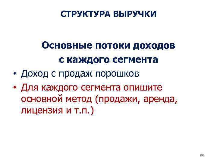 СТРУКТУРА ВЫРУЧКИ Основные потоки доходов с каждого сегмента • Доход с продаж порошков •