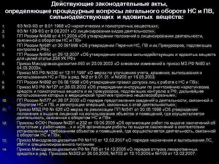 Действующие законодательные акты, определяющие процедурные вопросы легального оборота НС и ПВ, сильнодействующих и ядовитых