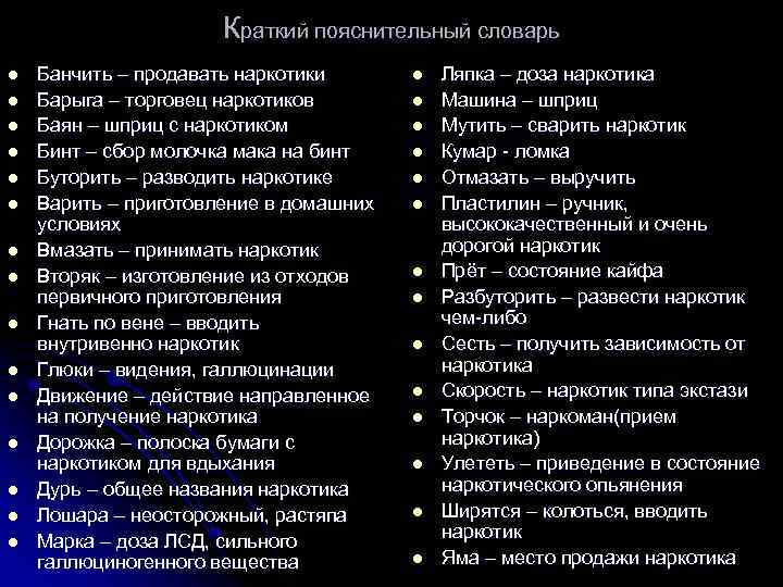 Краткий пояснительный словарь l l l l Банчить – продавать наркотики Барыга – торговец