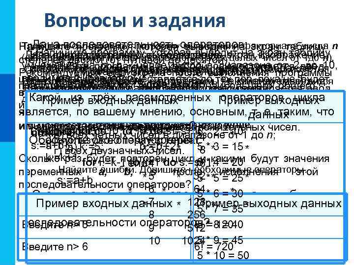 Вопросы и задания Дана последовательность выводит на Требовалось написать программу вычисления факториала числа Напишите