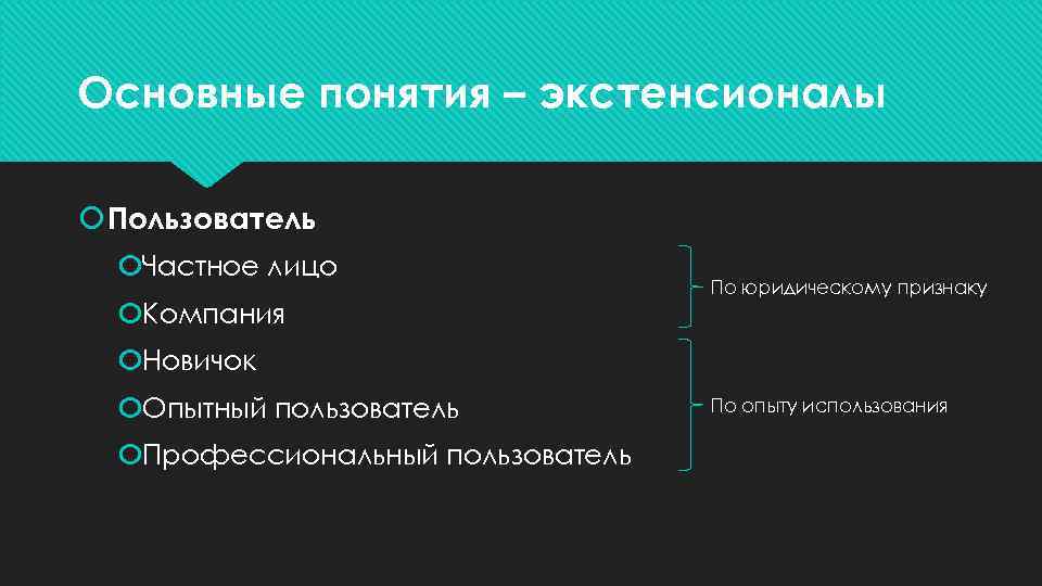 Основные понятия – экстенсионалы Пользователь Частное лицо Компания По юридическому признаку Новичок Опытный пользователь