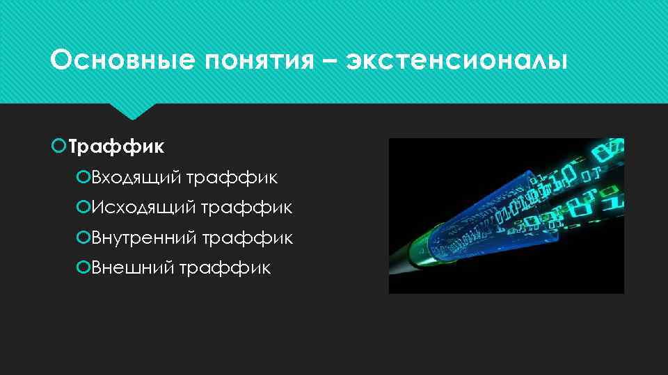 Основные понятия – экстенсионалы Траффик Входящий траффик Исходящий траффик Внутренний траффик Внешний траффик 