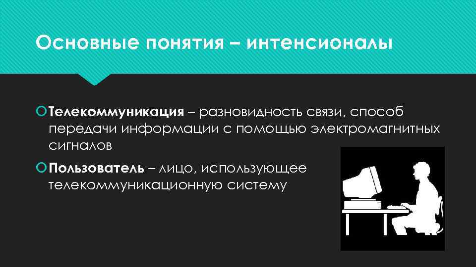 Основные понятия – интенсионалы Телекоммуникация – разновидность связи, способ передачи информации с помощью электромагнитных