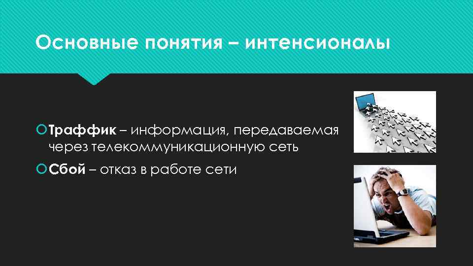 Основные понятия – интенсионалы Траффик – информация, передаваемая через телекоммуникационную сеть Сбой – отказ