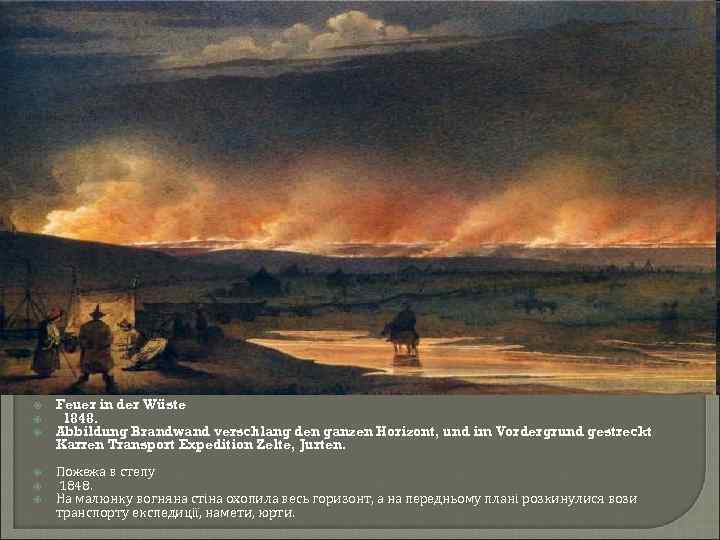  Feuer in der Wüste 1848. Abbildung Brandwand verschlang den ganzen Horizont, und im