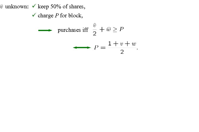 unknown: keep 50% of shares, charge P for block, purchases iff 