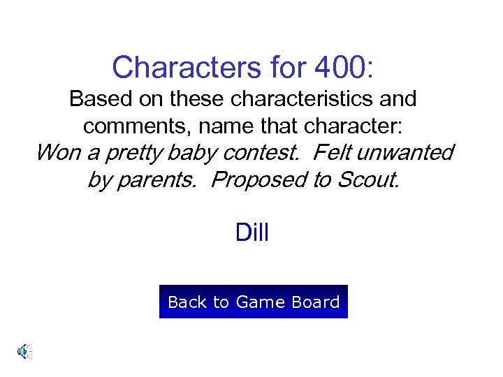 Characters for 400: Based on these characteristics and comments, name that character: Won a