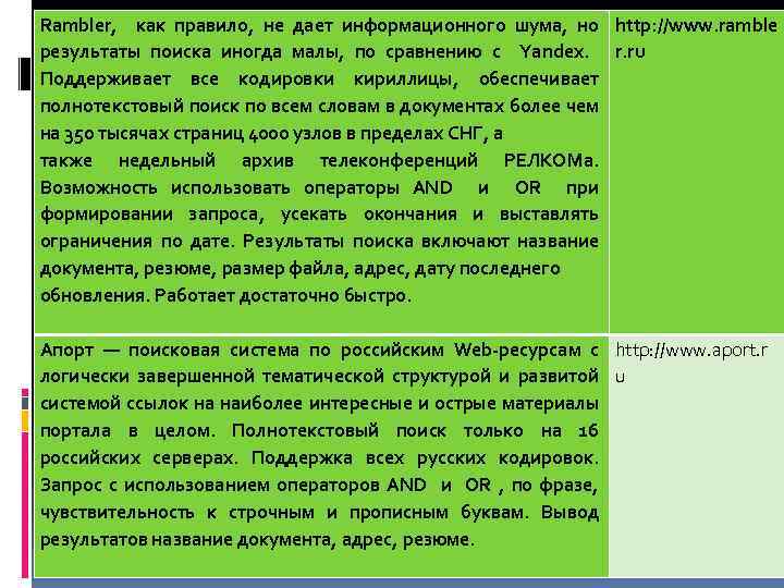 Rambler, как правило, не дает информационного шума, но результаты поиска иногда малы, по сравнению