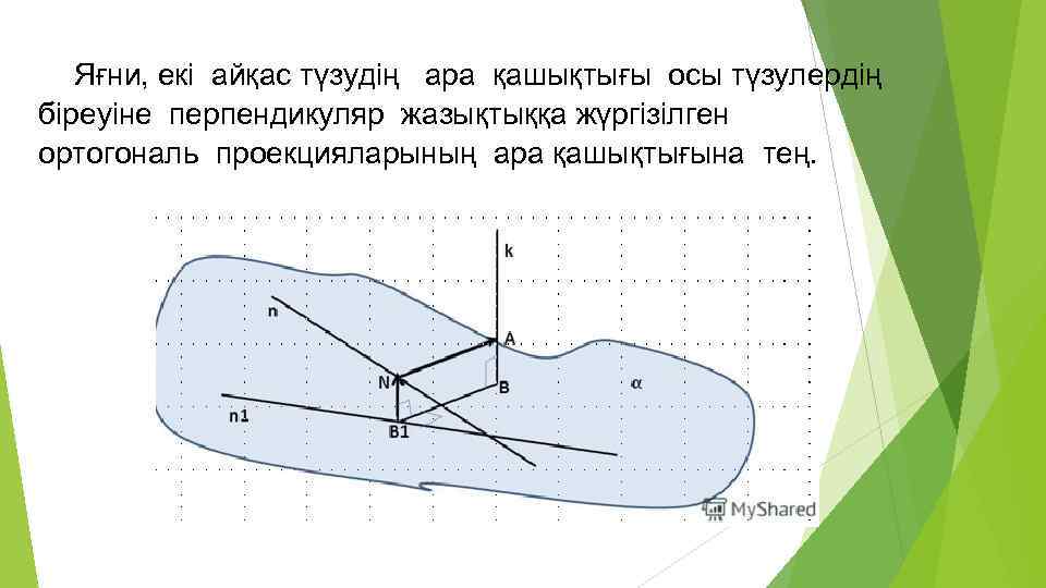 Яғни, екі айқас түзудің ара қашықтығы осы түзулердің біреуіне перпендикуляр жазықтыққа жүргізілген ортогональ проекцияларының