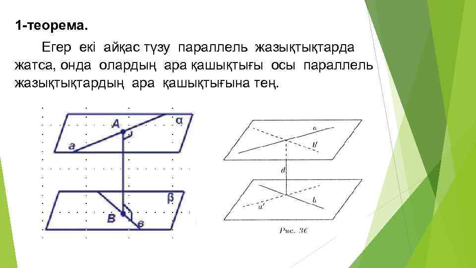 1 -теорема. Егер екі айқас түзу параллель жазықтықтарда жатса, онда олардың ара қашықтығы осы