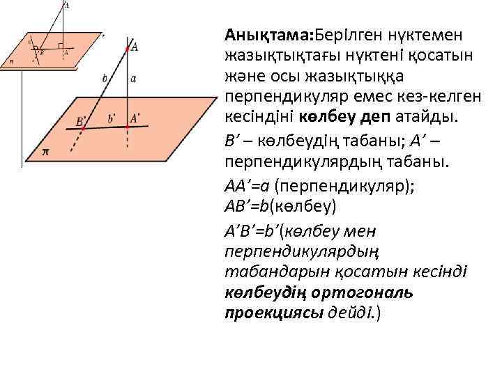 Анықтама: Берілген нүктемен жазықтықтағы нүктені қосатын және осы жазықтыққа перпендикуляр емес кез-келген кесіндіні көлбеу