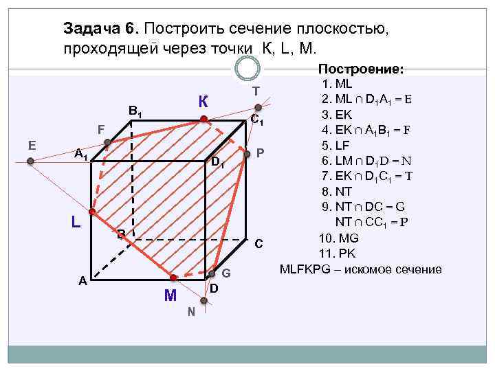 Задача 6. Построить сечение плоскостью, проходящей через точки К, L, М. Построение: T К