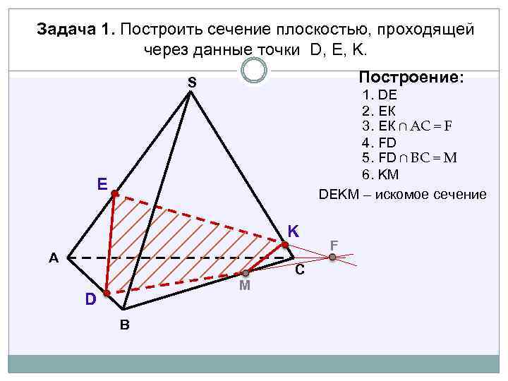 Задача 1. Построить сечение плоскостью, проходящей через данные точки D, Е, K. Построение: S
