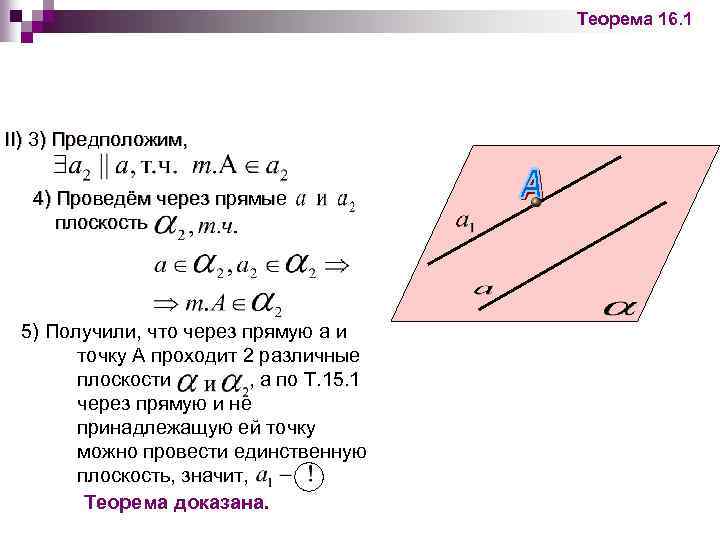 Теорема 16. 1 II) 3) Предположим, 4) Проведём через прямые плоскость 5) Получили, что