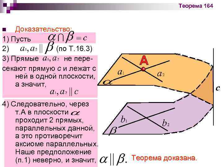 Теорема 164 Доказательство: 1) Пусть 2) (по Т. 16. 3) 3) Прямые не пересекают