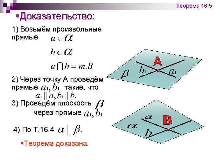 Теорема 16. 5 §Доказательство: 1) Возьмём произвольные прямые 2) Через точку А проведём прямые