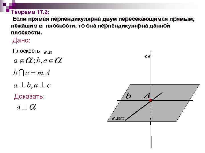 Теорема 17. 2: Если прямая перпендикулярна двум пересекающимся прямым, лежащим в плоскости, то она