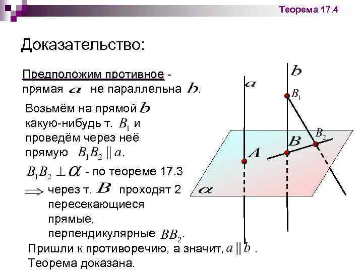 Теорема 17. 4 Доказательство: Предположим противное прямая не параллельна . Возьмём на прямой какую-нибудь