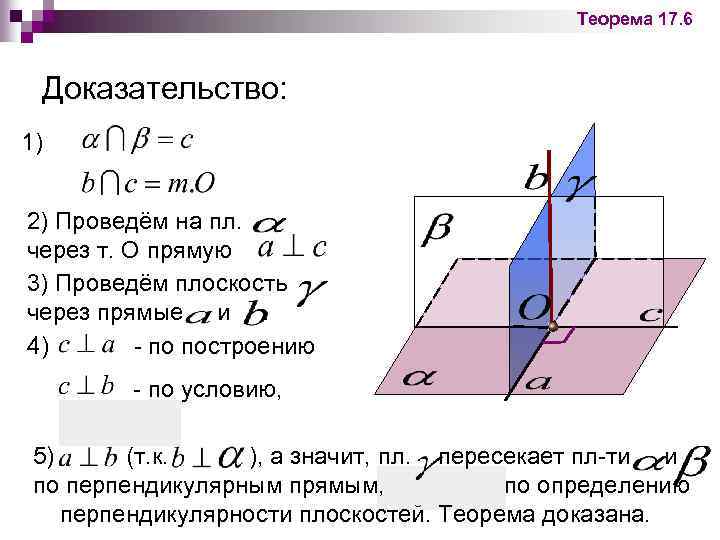 Теорема 17. 6 Доказательство: 1) 2) Проведём на пл. через т. О прямую 3)