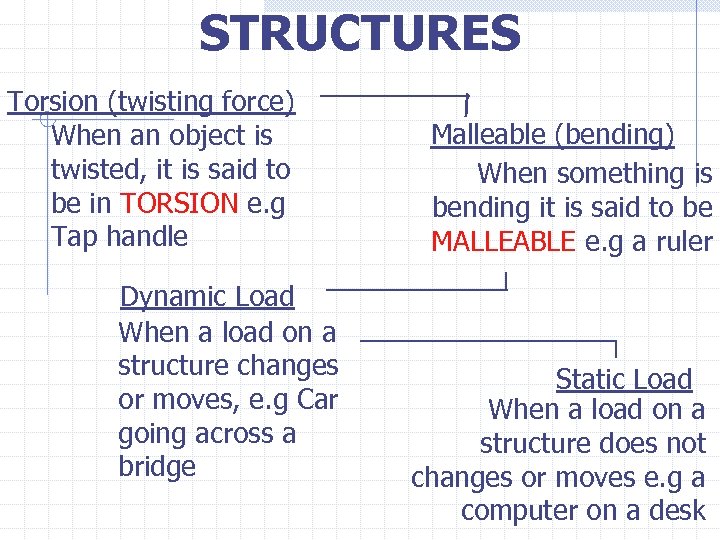 STRUCTURES Torsion (twisting force) When an object is twisted, it is said to be