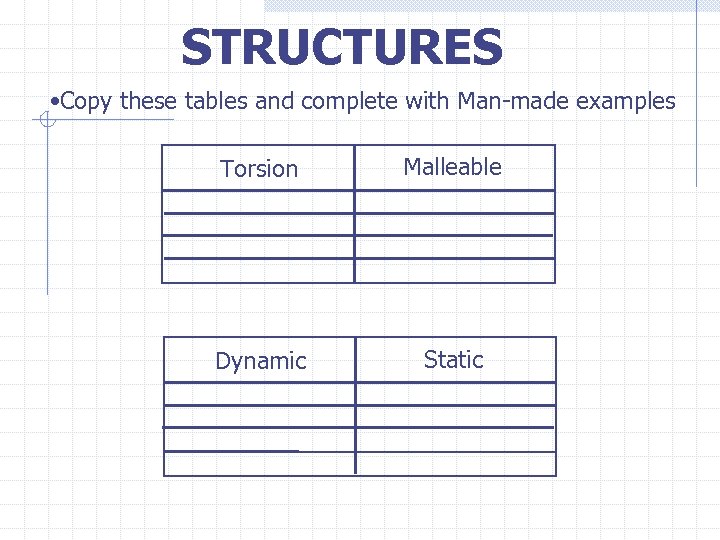 STRUCTURES • Copy these tables and complete with Man-made examples Torsion Malleable Dynamic Static