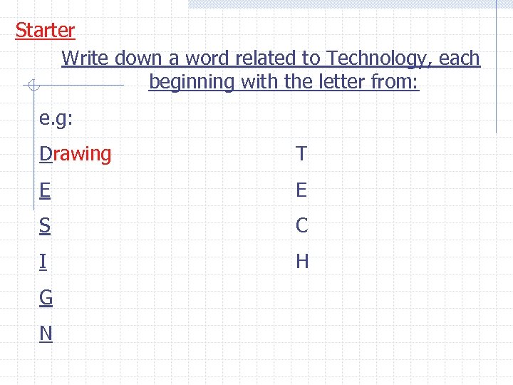 Starter Write down a word related to Technology, each beginning with the letter from: