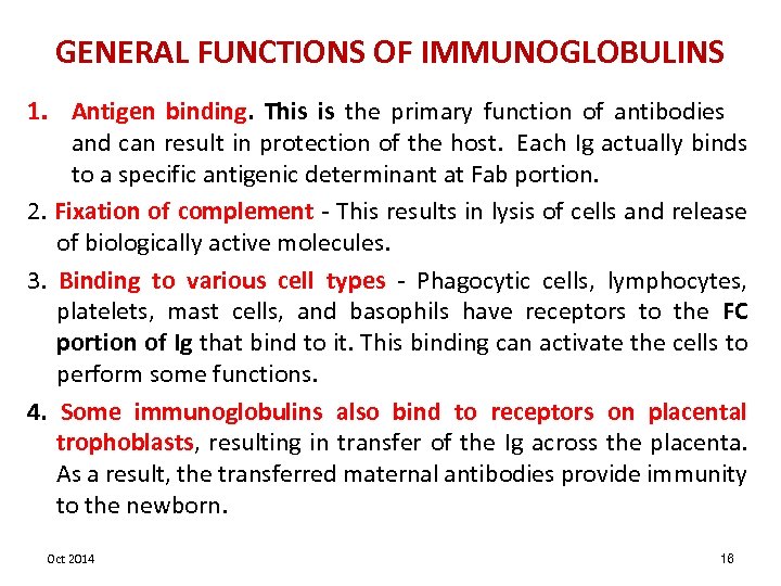 GENERAL FUNCTIONS OF IMMUNOGLOBULINS 1. Antigen binding. This is the primary function of antibodies