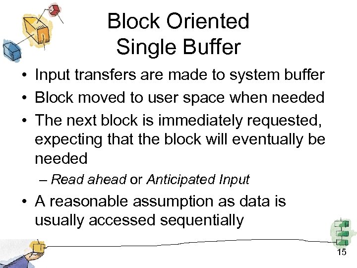 Block Oriented Single Buffer • Input transfers are made to system buffer • Block