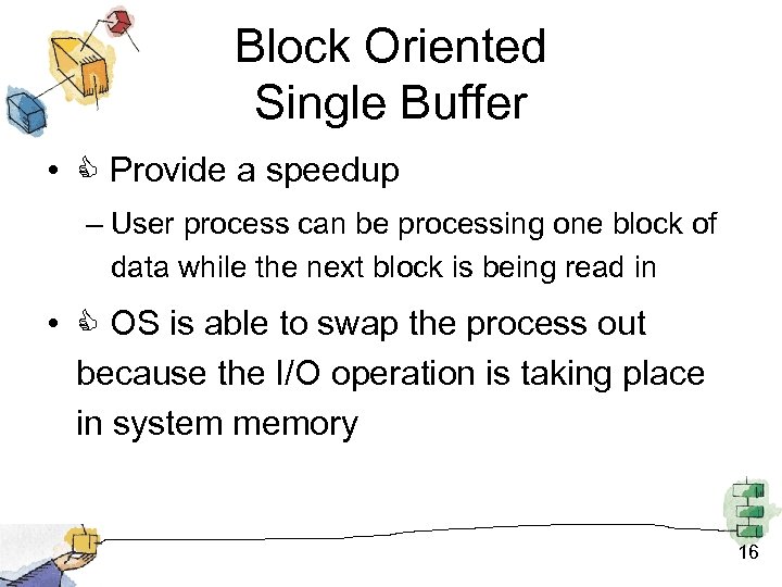 Block Oriented Single Buffer • Provide a speedup – User process can be processing