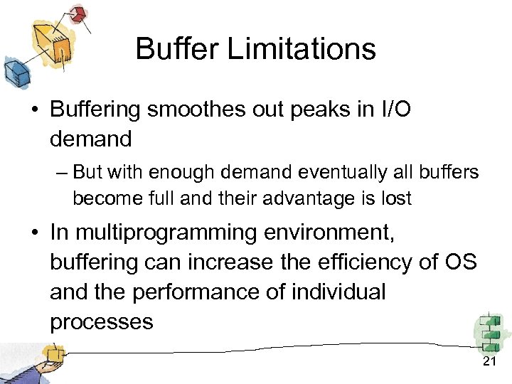 Buffer Limitations • Buffering smoothes out peaks in I/O demand – But with enough