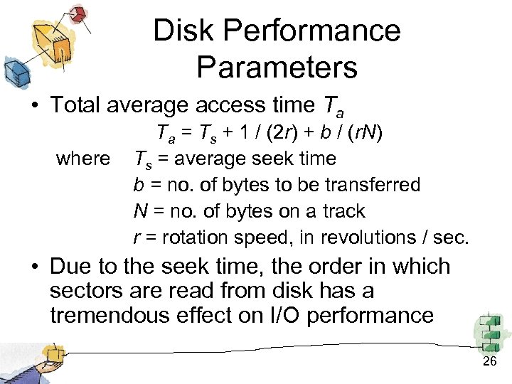 Disk Performance Parameters • Total average access time Ta where Ta = Ts +