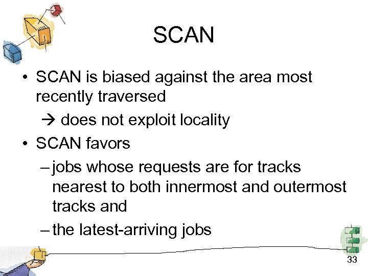 SCAN • SCAN is biased against the area most recently traversed does not exploit