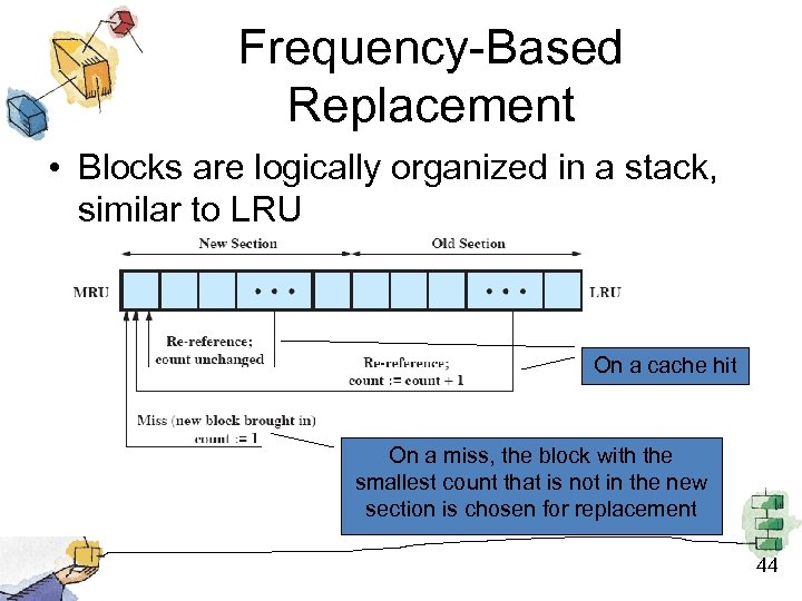 Frequency-Based Replacement • Blocks are logically organized in a stack, similar to LRU On