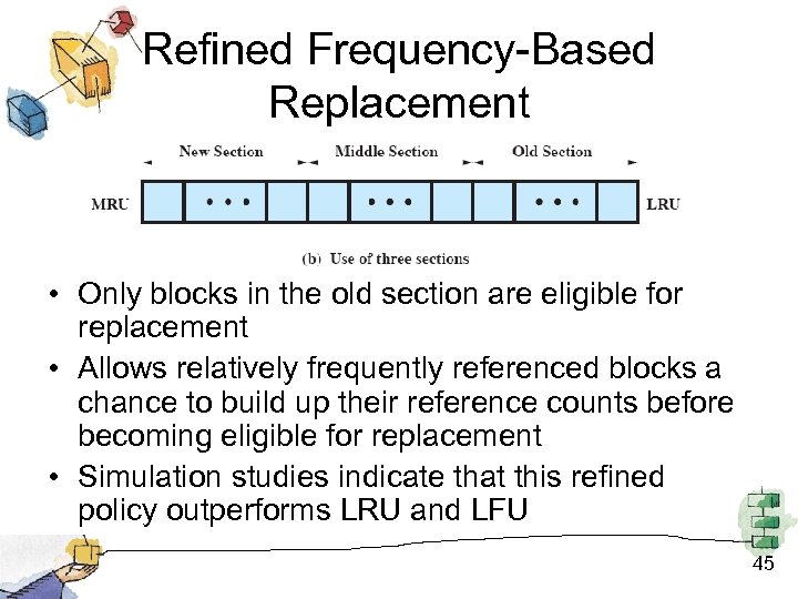 Refined Frequency-Based Replacement • Only blocks in the old section are eligible for replacement