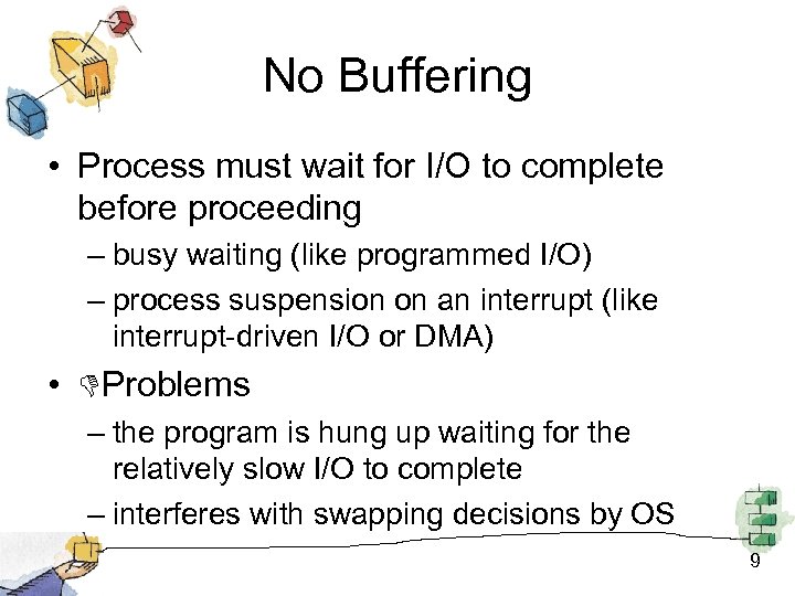 No Buffering • Process must wait for I/O to complete before proceeding – busy