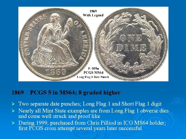 1869 PCGS 5 in MS 64; 8 graded higher Two separate date punches; Long